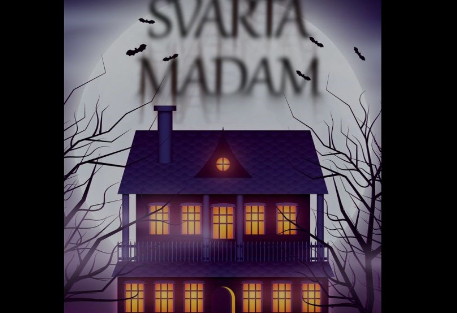 Kuslig med med ett hus i mörker, nakna träd, över huset står det Svarta Madam.